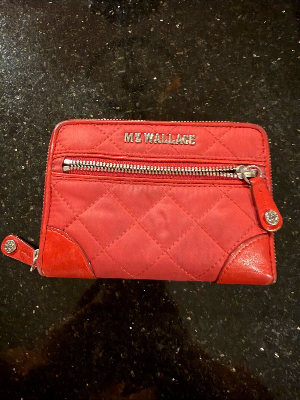 MZ Wallace Red Quilted Zip Card Wallet with Front Pocket